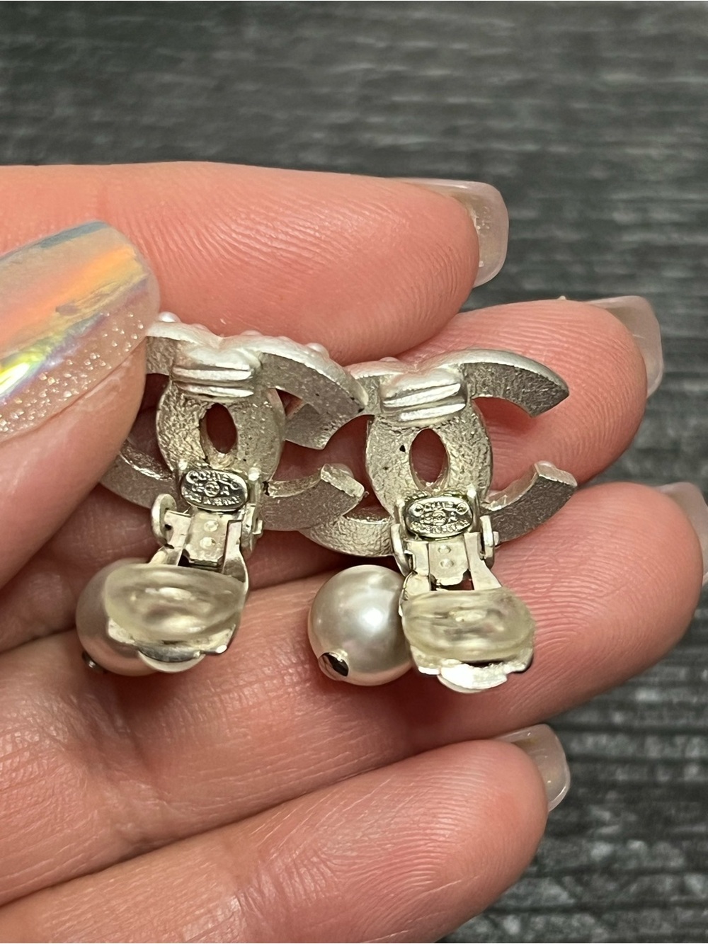 CHANEL Silver Pearl CC Logo Clip On Earrings with Pearl Drops with COA - Picture 6 of 8